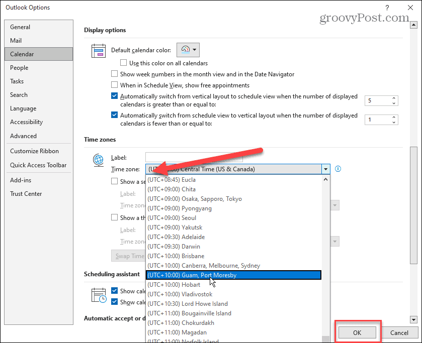 Promijenite vremensku zonu u programu Microsoft Outlook