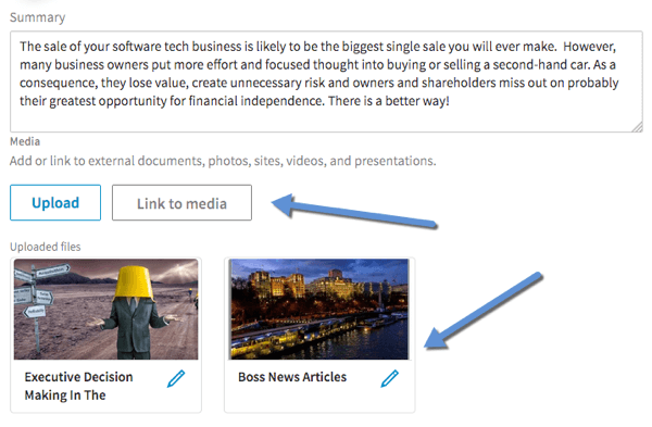 Kliknite vezu na medij da biste dodali videozapis u odjeljke sažetka, iskustva i obrazovanja na vašem LinkedIn profilu.