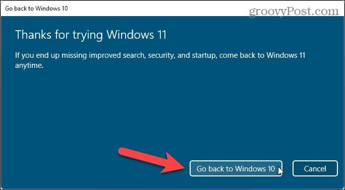 Kliknite Vrati se na Windows 10