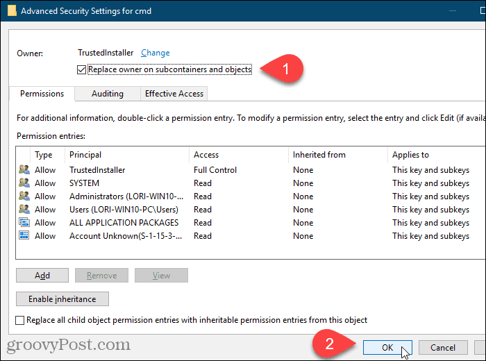 U dijaloškom okviru Napredne sigurnosne postavke u uređivaču registra registra Windows potvrdite okvir Zamijeni vlasnika podkontejnera i objekata