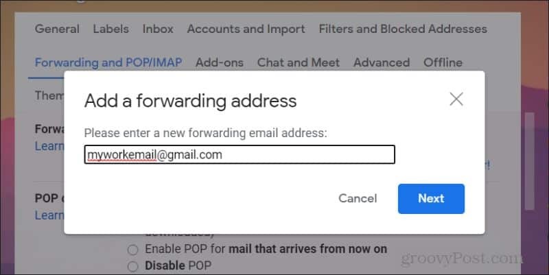 snimka zaslona dodavanja e-pošte za prosljeđivanje