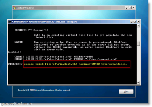 Windows 7 Native VHD Instalirajte Dual Boot Stvorite VHD iz CMD Prompt-a
