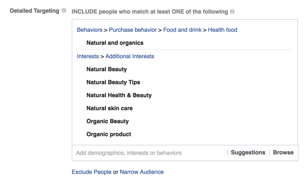 primjer facebook oglasa s detaljnim opcijama ciljanja