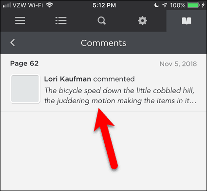 Dodirnite komentar u BookFusion-u za iOS