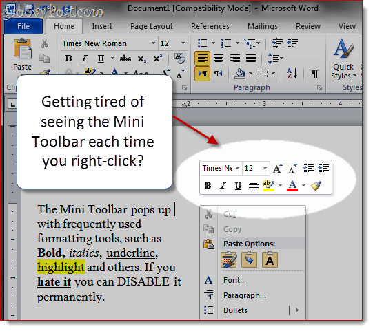Uklonite Mini-Toolbar u programu Word 2007 i Word 2010