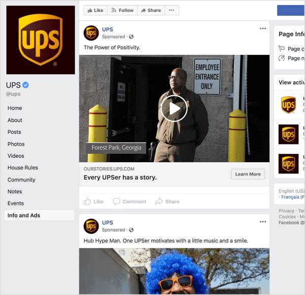 Ako pogledate Facebook oglase s UPS-a, jasno je da koriste pripovijedanje priča i emocionalnu privlačnost za izgradnju svijesti o robnoj marki.