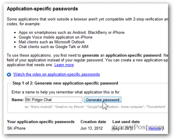 jednokratne lozinke za google - kliknite generiranje lozinke