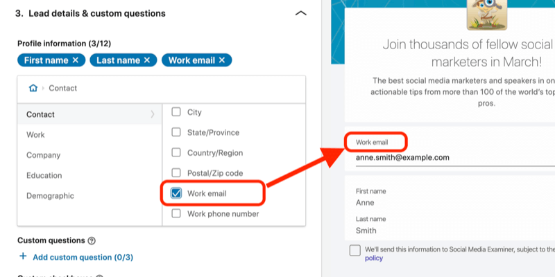 snimka zaslona polja Radna e-pošta odabrana za obrazac potencijalnog klijenta u postavljanju oglasa LinkedIn