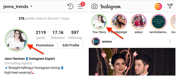 Indikator zelenog kruga za vašu profilnu sliku na Instagramu kada ste podijelili priču na popisu bliskih prijatelja.
