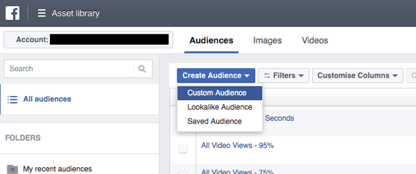 U Facebook Ads Manageru kliknite Stvori publiku i na padajućem popisu odaberite Prilagođena publika.