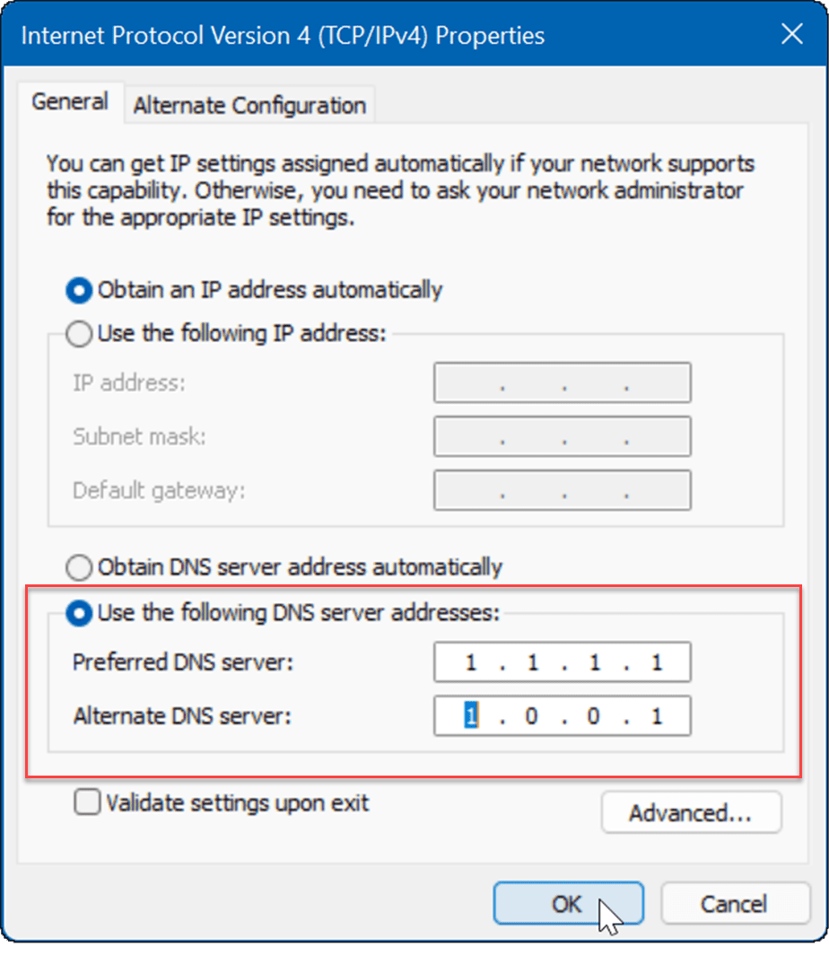 unesite DNS popravi spori internet na Windows 11