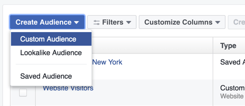 Idite na odjeljak Publika i odaberite opciju za stvaranje prilagođene Facebook publike.