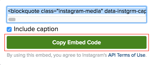Kliknite zeleni gumb za kopiranje koda za ugrađivanje Instagram posta.