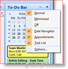 To-Do bar traka Outlook 2007 - kliknite i odaberite gumb