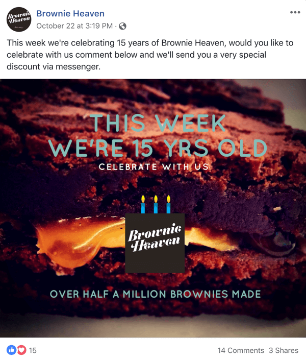Primjer objave na Facebooku s ponudom Brownie Heaven.