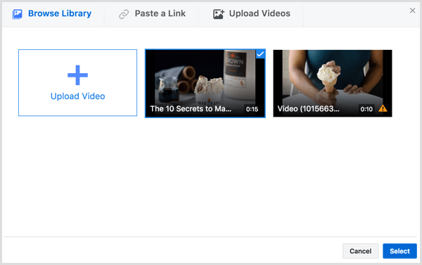 Facebook stvorite video oglas odaberite video