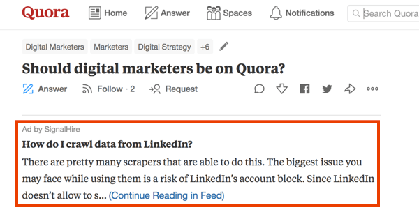 Primjer marketinga na Quori s plaćenim oglasom.