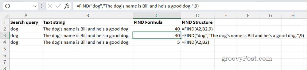 Primjer FIND formule u Excelu