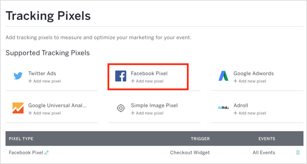U Eventbriteu kliknite Facebook Pixel i unesite svoj ID piksela i ostale pojedinosti.