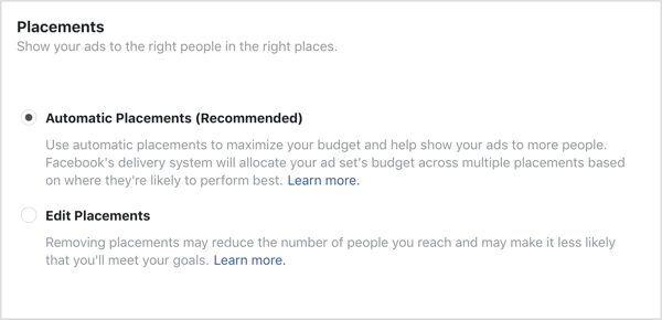 Za Facebook kampanju odabrana opcija Automatski položaji