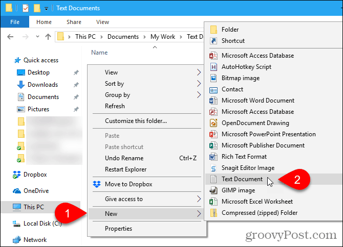 Idite na Novo> Tekstualni dokument u programu Windows File Explorer