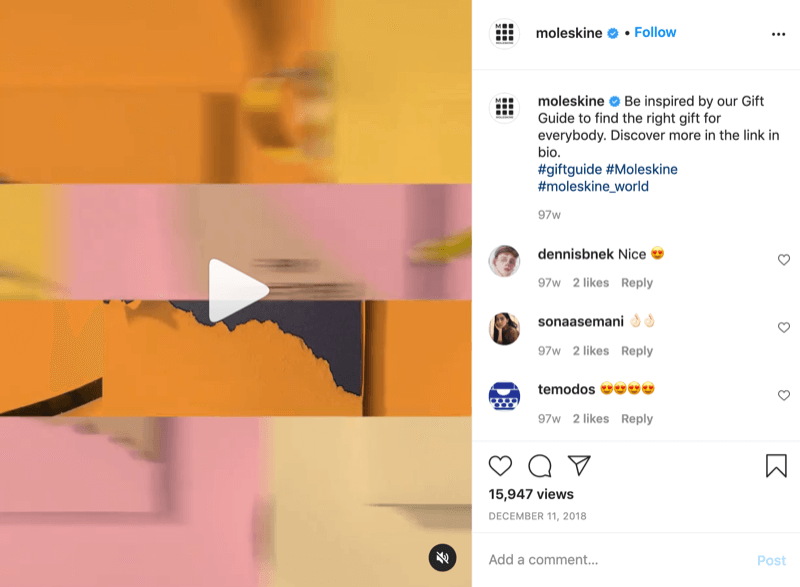 primjer video posta za Instagram-poklon-ideja od @moleskine s pozivom na akciju usmjeravajući gledatelje na vezu u biografiji za više