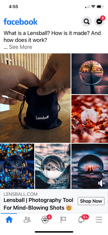 primjer facebook oglasnog kolaža za lensball, koji prikazuje proizvod u maloj crnoj vrećici na potezanju, zajedno s 5 primjera snimaka proizvoda koji se koristi na slikama