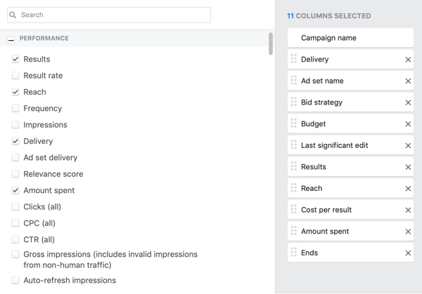 Primjer željenih osnovnih mjernih podataka za stupac izvještavanja prozora za stvaranje izvješća u Facebook Ads Manageru.