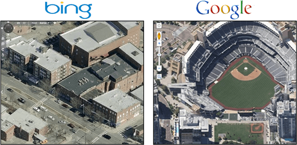 Google Karte iznad 45 stupnjeva Pogled vs. Bing ptica oko