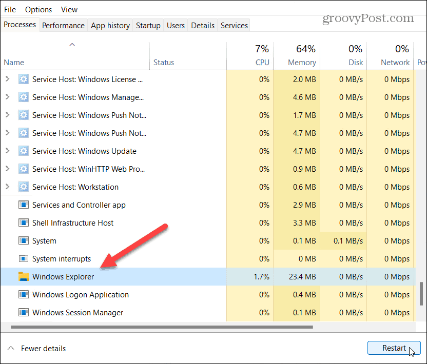 ponovno pokrenite upravitelj zadataka Windows Explorer