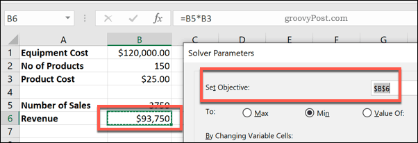 Postavite ciljnu ćeliju u Solveru za Excel
