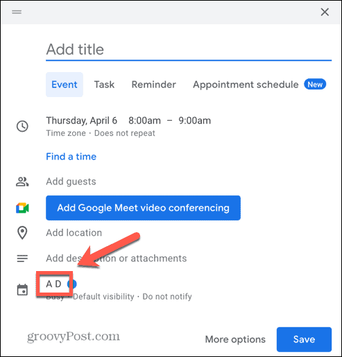 Snimka zaslona opcije kalendara događaja Google kalendara