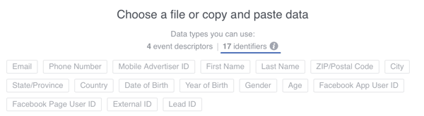 Možete dodati 17 korisničkih identifikatora podacima koje prenosite na Facebook, ali uvijek pazite da koristite adrese e-pošte kad je to moguće.