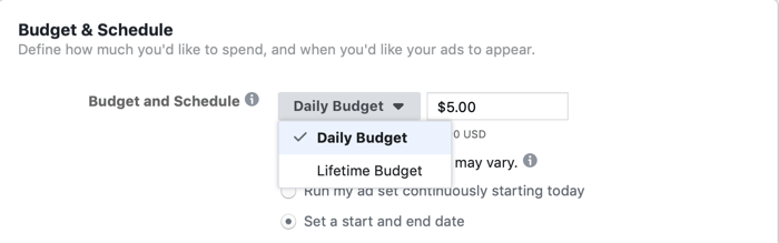 odabir doživotnog proračuna na razini skupa oglasa za Facebook kampanju na dan flash prodaje