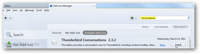 thunderbird razgovori - instalirajte dodatak putem stranice pretraživanja