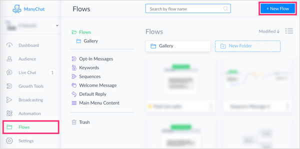 Kliknite gumb New Flow na kartici Flows u ManyChat.