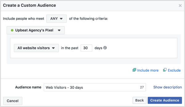 Odaberite opcije za stvaranje prilagođene Facebook publike svih posjetitelja web stranice u zadnjih 30 dana