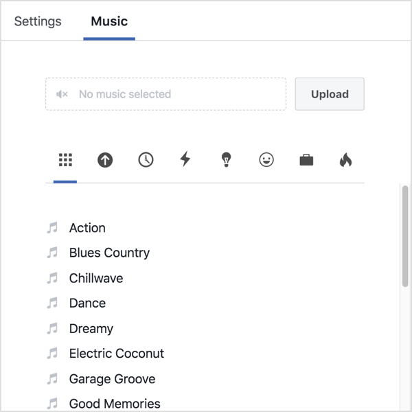 Kliknite karticu Glazba i prenesite vlastiti zvuk ili odaberite pjesmu iz Facebook knjižnice.