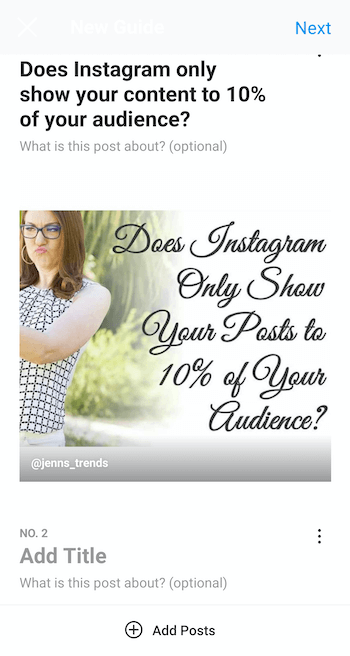 primjer stvorite novi instagram vodič s odabranim postom i naslovom "prikazuje li instagram samo vaš sadržaj za 10% vaše publike 