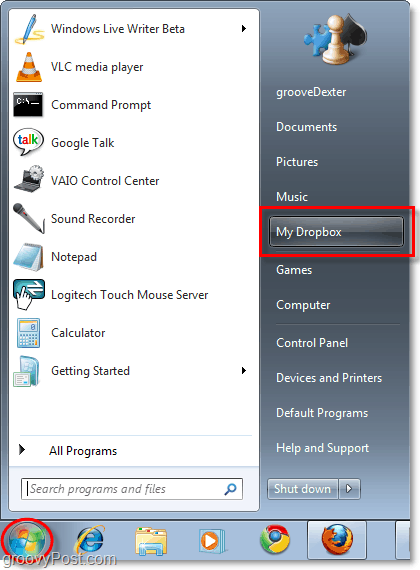 moj dropbox u startnom izborniku Windows 7