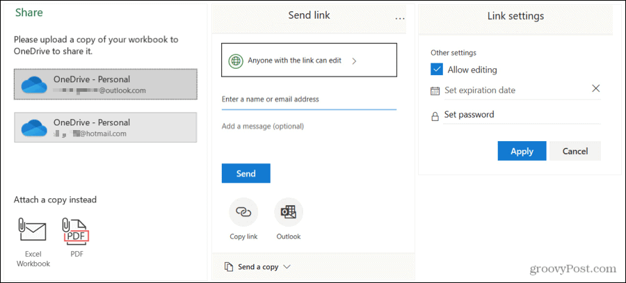 Dijelite postavke Excel Send i Link na sustavu Windows