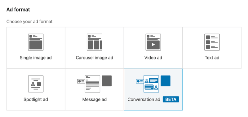snimka zaslona LinkedIn Campaign Manager-a s odabranim formatom oglasa za razgovor