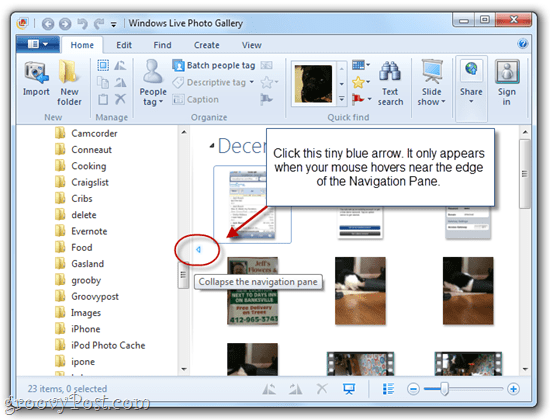 Prikaži / sakrij navigacijsko okno u Windows Live Photo Gallery 