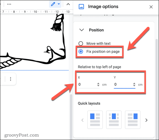 Popravljanje položaja slike u Google dokumentima