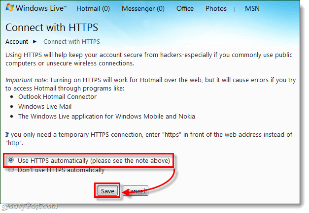 Kako se uvijek sigurno povezati sa sustavom Windows Live i Hotmail putem HTTPS-a