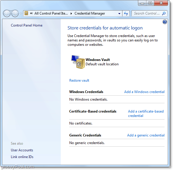 cjelokupni pregled trezora upravitelja Windows 7