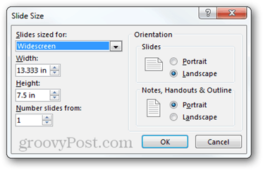 stranica postavljanje Powerpoint 2013 mogućnosti omjera omjera veličine orijentacije