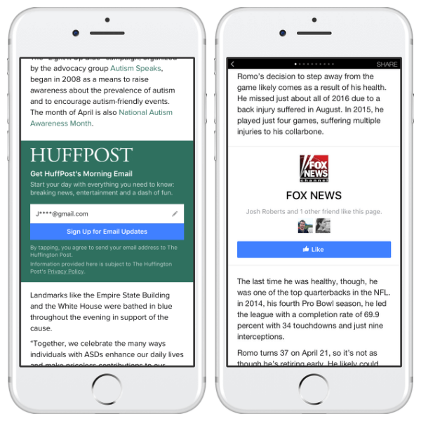 Facebook je svim izdavačima Instant članaka dodao jedinice za pozivanje na akciju stranice i e-poštom.