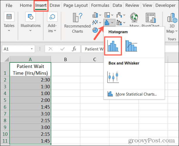 Umetnite histogram u Excel