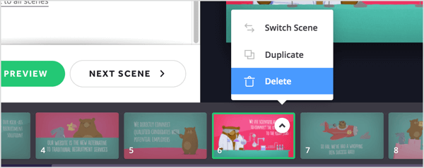 Kliknite gumb sa strelicom za scenu koju želite ukloniti i na skočnom izborniku odaberite Delete.